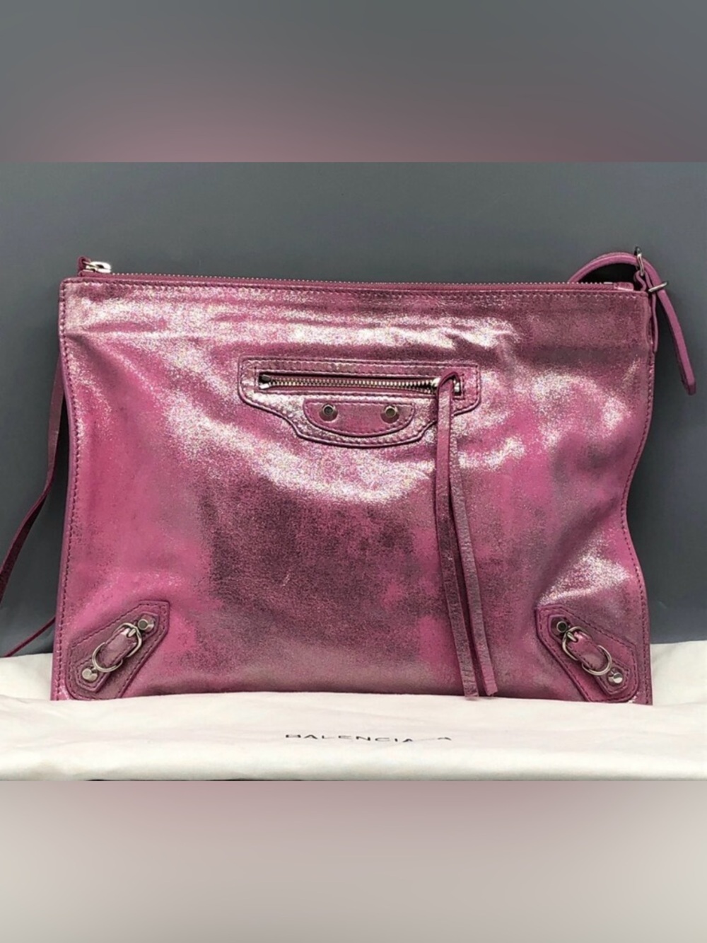 Balenciaga Metallic Pink Leather Clutch Crossbody Bag Studded Rare
